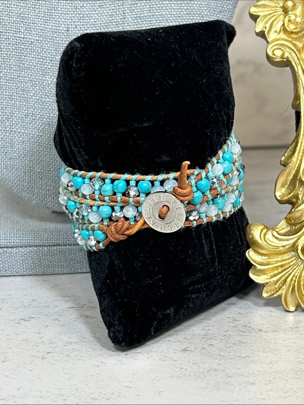 Turquoise Multi-Strand Stone and Crystal Beaded Wrap Bracelet with Brown Leather